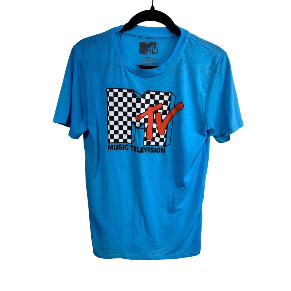 MTV Music Television‎ Graphic T-Shirt Blue XL Checkerboard Logo 2017 Viacom